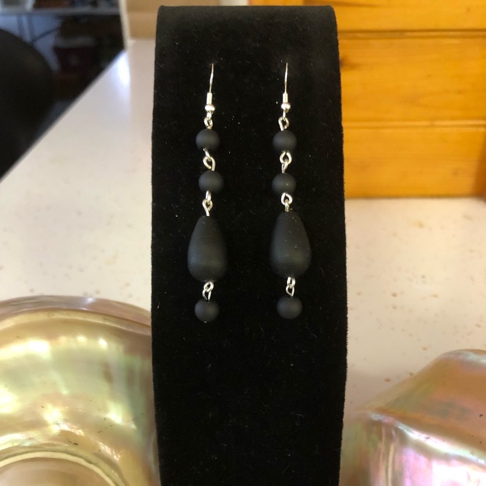 Handmade Sterling Silver 925 - Opaque Black Cultured Sea Glass Earrings